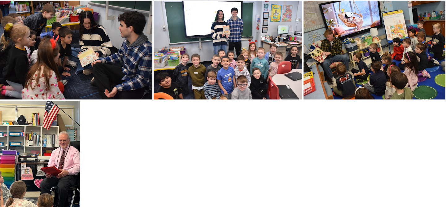 group of photos of person reading books to children sitting on carpet
